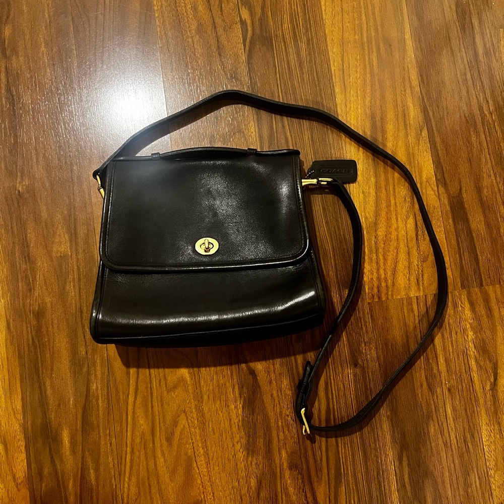 Coach Black Leather Shoulder Bag with Gold Accents
